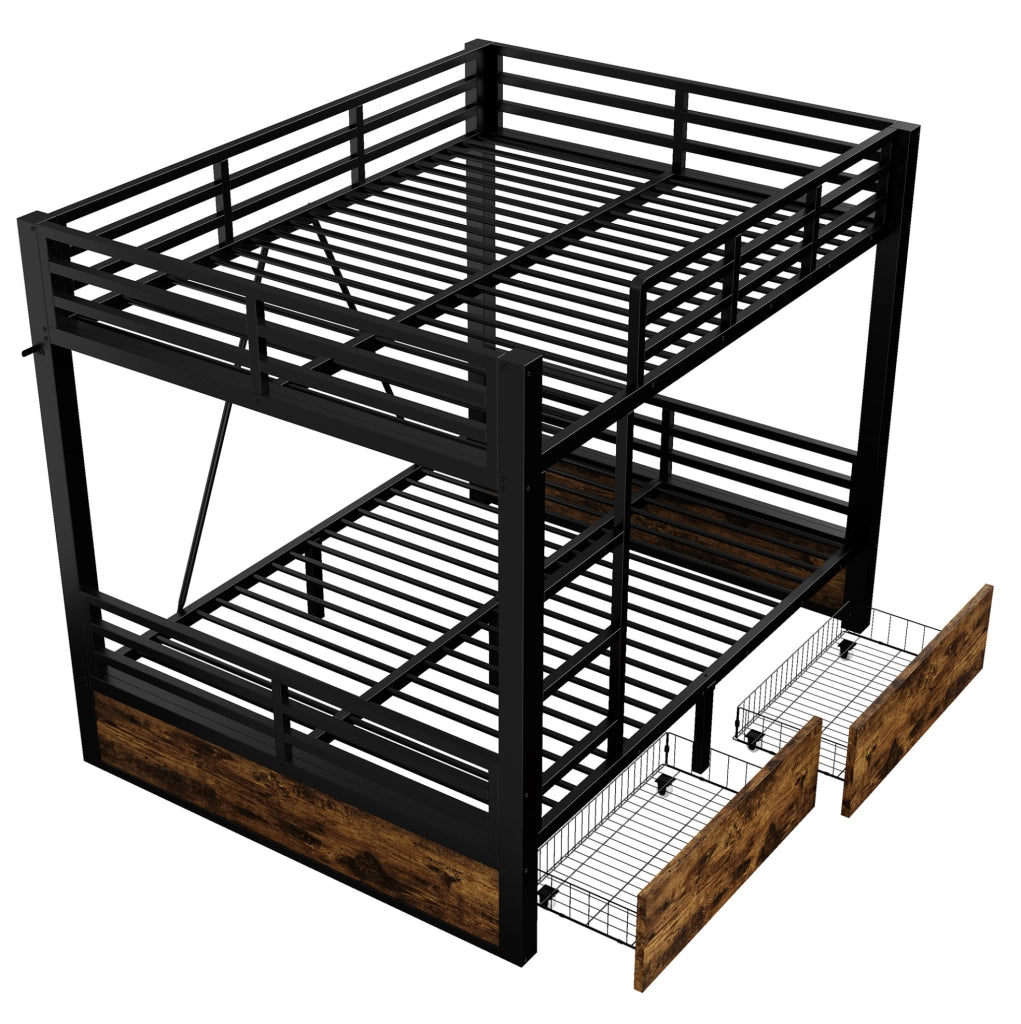 Letto a castello 140x200 cm con cassetti; scala e sponde in metallo e legno nero
