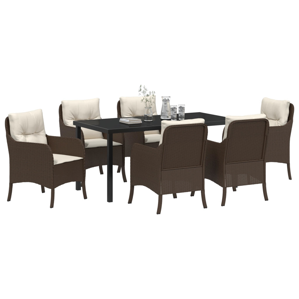 Set da Pranzo da Giardino da 7 Pezzi con Cuscini Marrone Poly Rattan