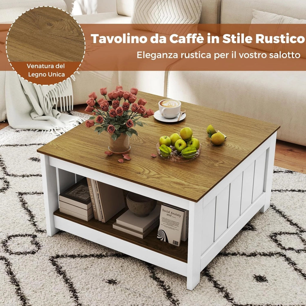 Tavolino da Salotto, Tavolino da Caffè in Legno con 2 Ripiani Aperti, Tavolo Moderno e Rettangolare per Soggiorno, Camera da Letto e Studio, Portata 160 kg, 80 x 80 x 45 cm