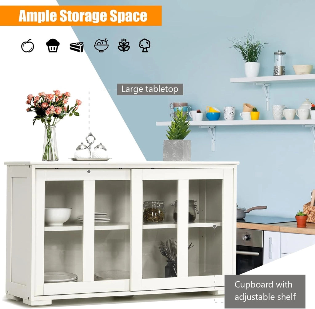 Credenza e Buffet Multiuso, a 3 Ripiani, Mensola Regolabile, 2 Ante Scorrevoli Trasparenti, Mobiletto Legno per Cucina, Soggiorno, Sala da Pranzo, 106,5x33x62,5 cm,Bianco Crema(Beige)