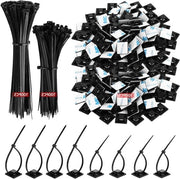 Set di 300 tacche autoadesive e 200 cavi a molla in nero - Supporto cavi con clip - 120 mm/150 mm - PE - Utilizzo domestico