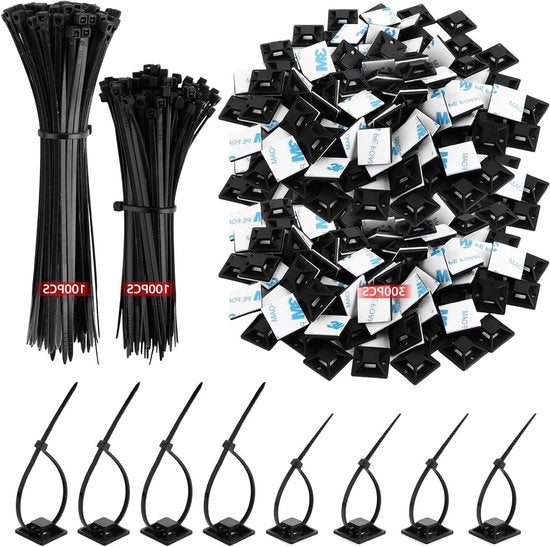 Set di 300 tacche autoadesive e 200 cavi a molla in nero - Supporto cavi con clip - 120 mm/150 mm - PE - Utilizzo domestico