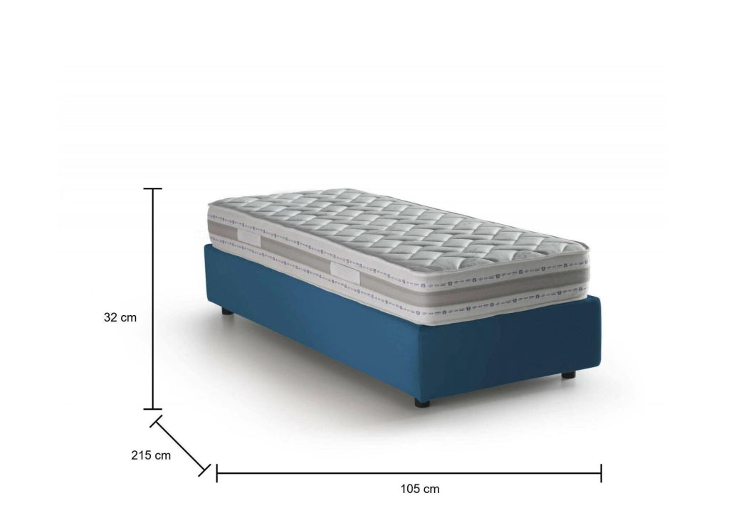 Letto singolo Aribal, Letto contenitore con rivestimento in tessuto, Made in Italy, Apertura frontale, con materasso cm 90x200 incluso, Blu