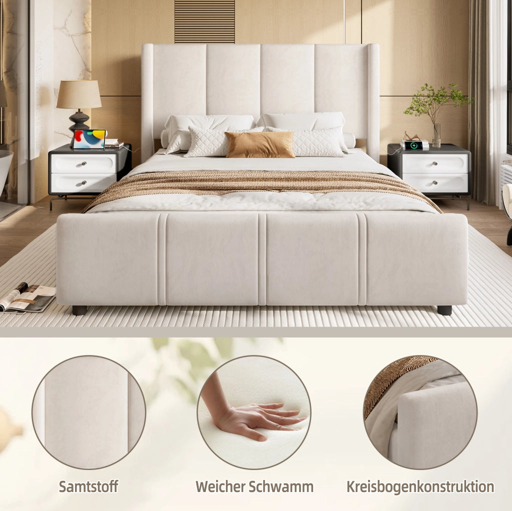 Letto imbottito 140x200 cm con testiera alta e porte USB/Type-C; rivestimento in velluto beige