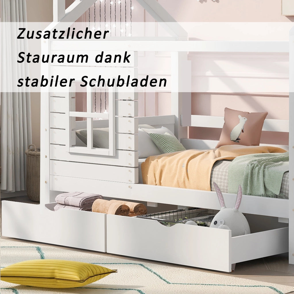 OKWISH Letto a Casetta 80×160 cm, Letto Singolo con Spondine, Finestra e 2 Cassetti, senza Materasso, in Pino, Bianco