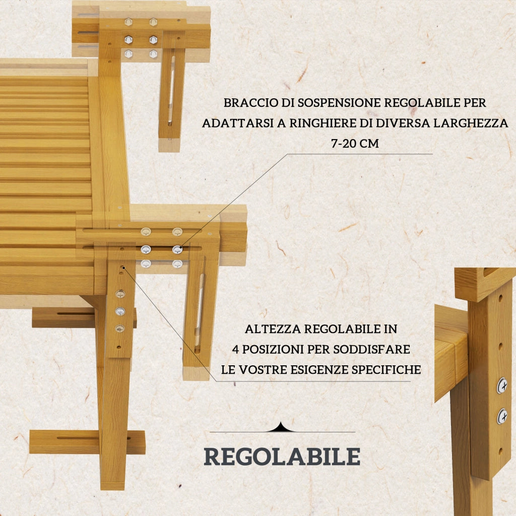 Tavolino da Ringhiera 68x65x55 cm per Balcone Pieghevole e Regolabile in Legno Colore Naturale