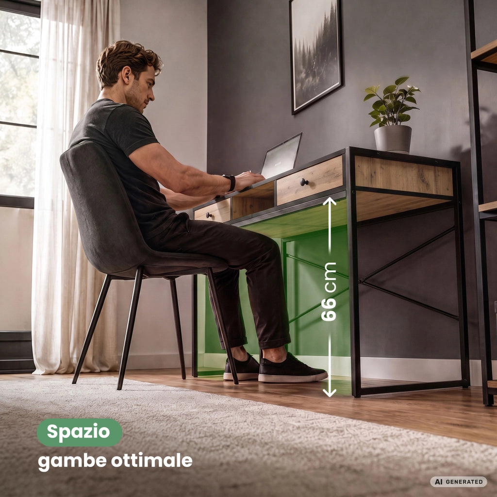 Scrivania industriale per computer Rovere Craft ELONIS 123 cm 2 cassetti 1 ripiano gambe nere