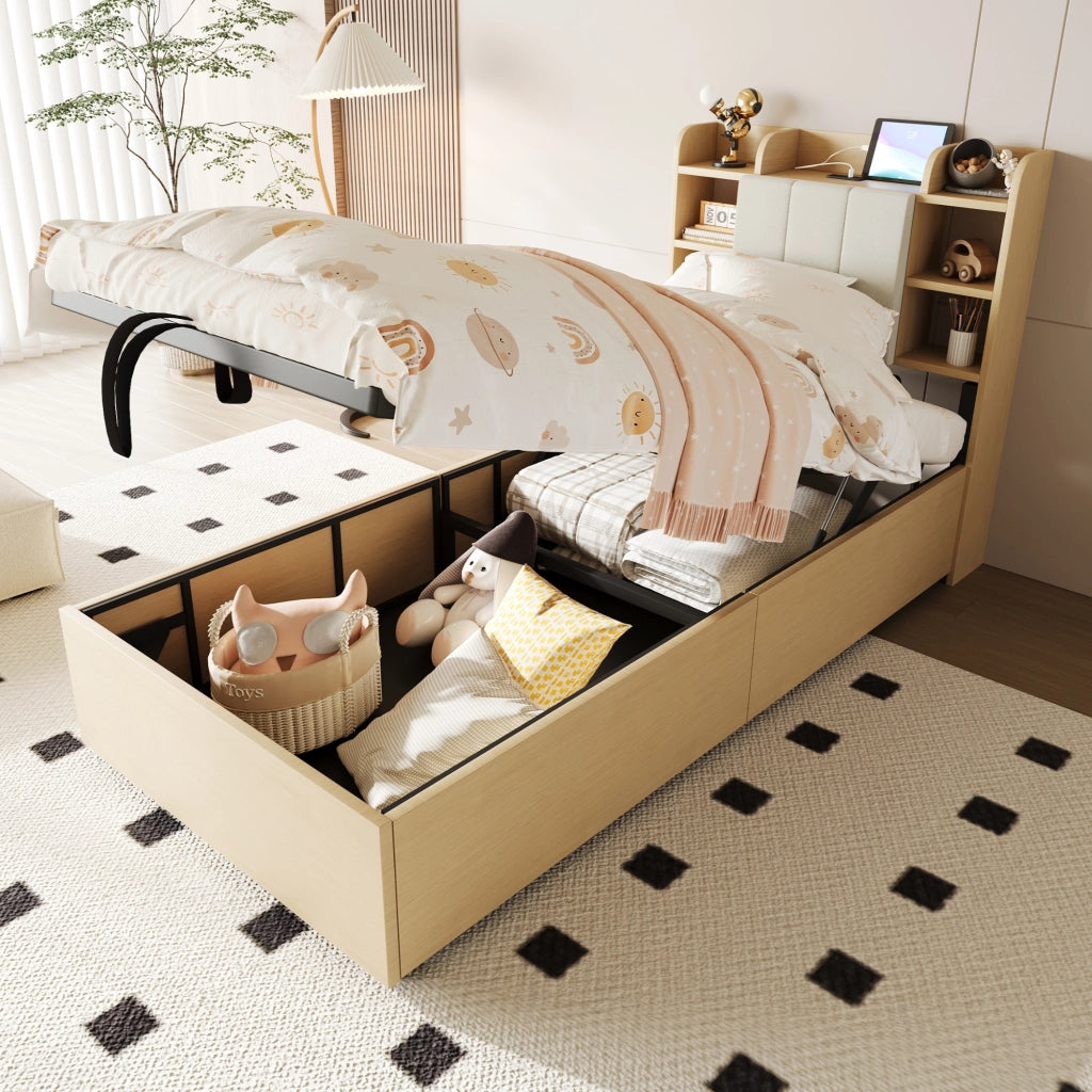 LETTO Contenitore Idraulico 90x200 cm MDF Colore Legno Naturale con USB e USB-C