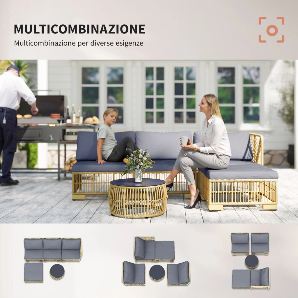 Set Salotto in Rattan da Giardino con Divano Modulabile, Cuscini e Tavolino da Caff¨¨, Grigio