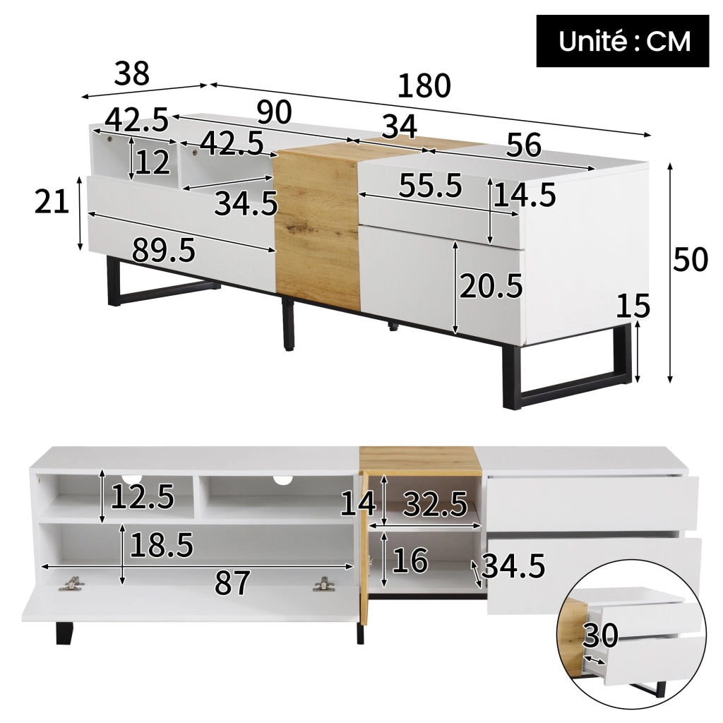 Mobile TV con 2 Ante e 2 Cassetti; 2 Vani Aperti; Stile Moderno; Soggiorno; 180¡Á38¡Á50 cm; in MDF; Bianco e Legno