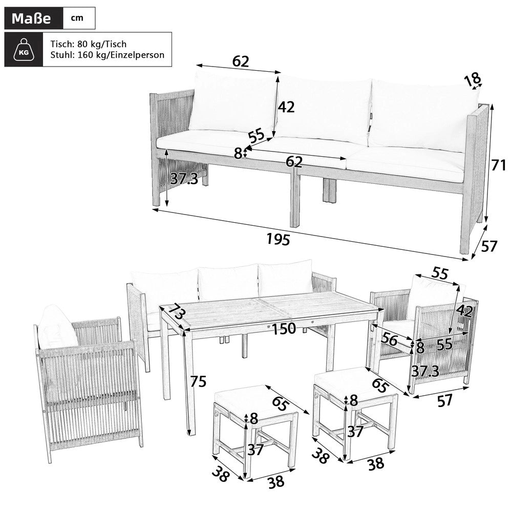 Set Giardino 6 Pezzi ¨C Xylo ¨C Divano 3 Posti, 2 Poltrone, 2 Sgabelli, Tavolo, Piano Acacia, Beige