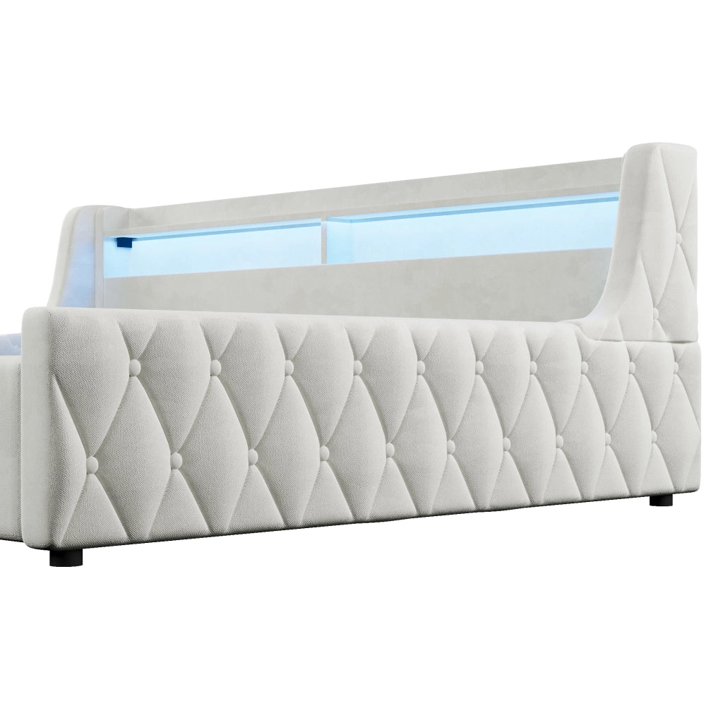 Letto imbottito 140x200 cm con LED e vano contenitore beige