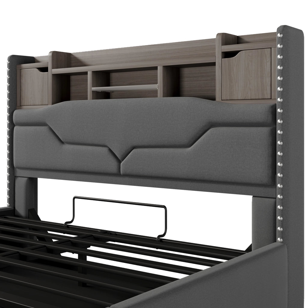 OKWISH Letto Contenitore 160×200 cm, Letto Matrimoniale con USB e Tipo C, LED Regolabile e Testiera con Vano Contenitore, senza Materasso, Grigio