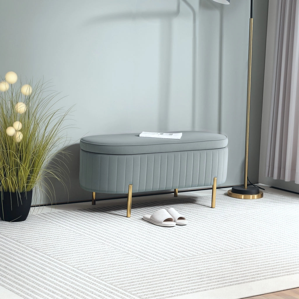 Panca Contenitore Ovale 108x44x43,5 cm con Coperchio Sollevabile in Tessuto Vellutato Grigio