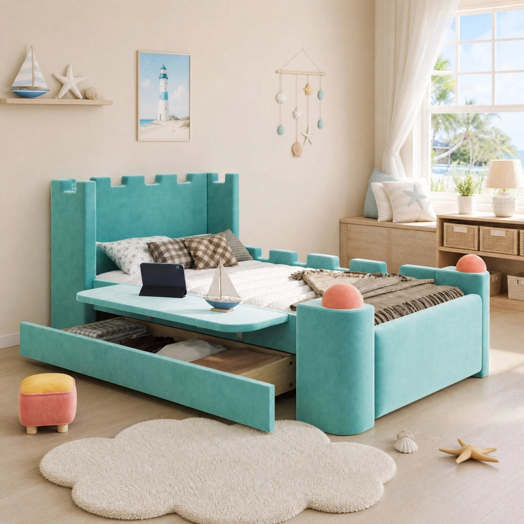 Letto con Sponda 90x200 cm; Letto Singolo - Cassetto; Mensola Pieghevole - Bluverde