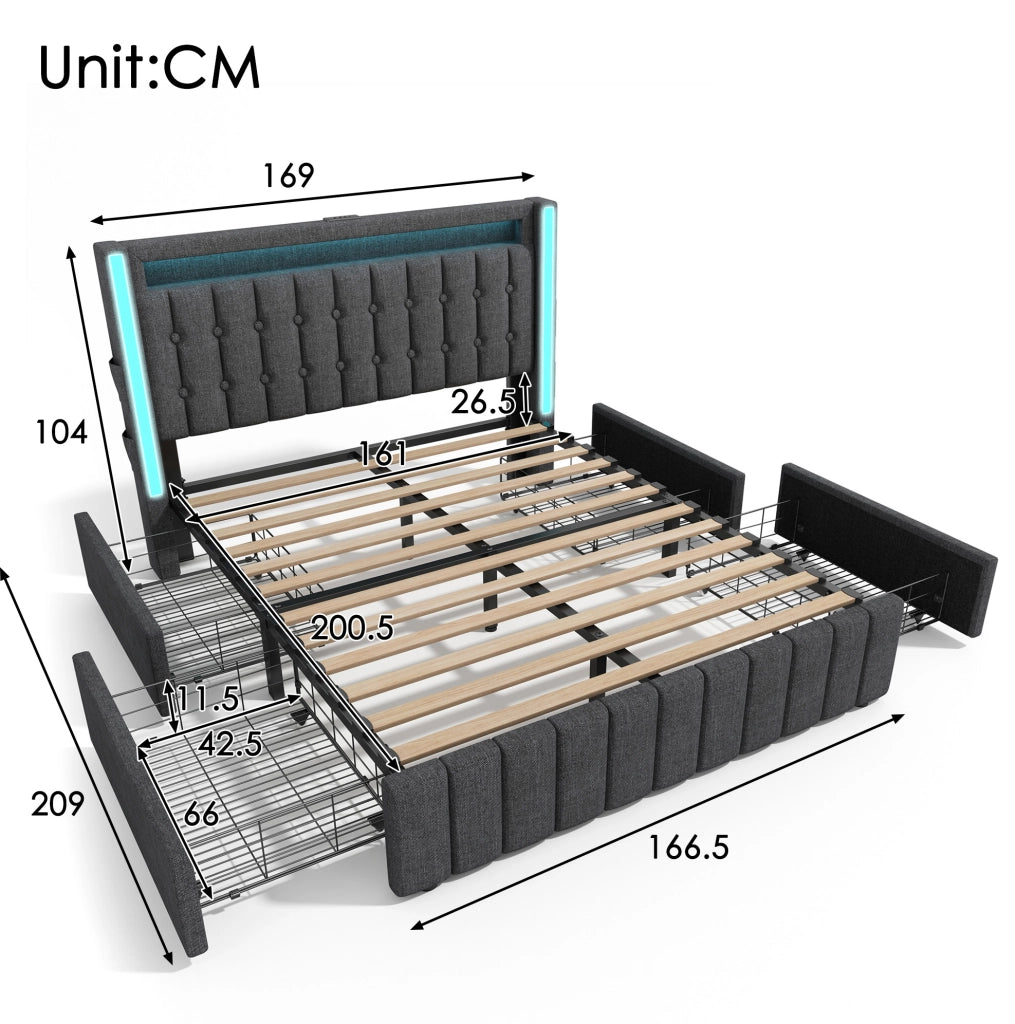 Letto matrimoniale 160x200 cm con LED; USB C e 4 cassetti; rivestimento in lino grigio