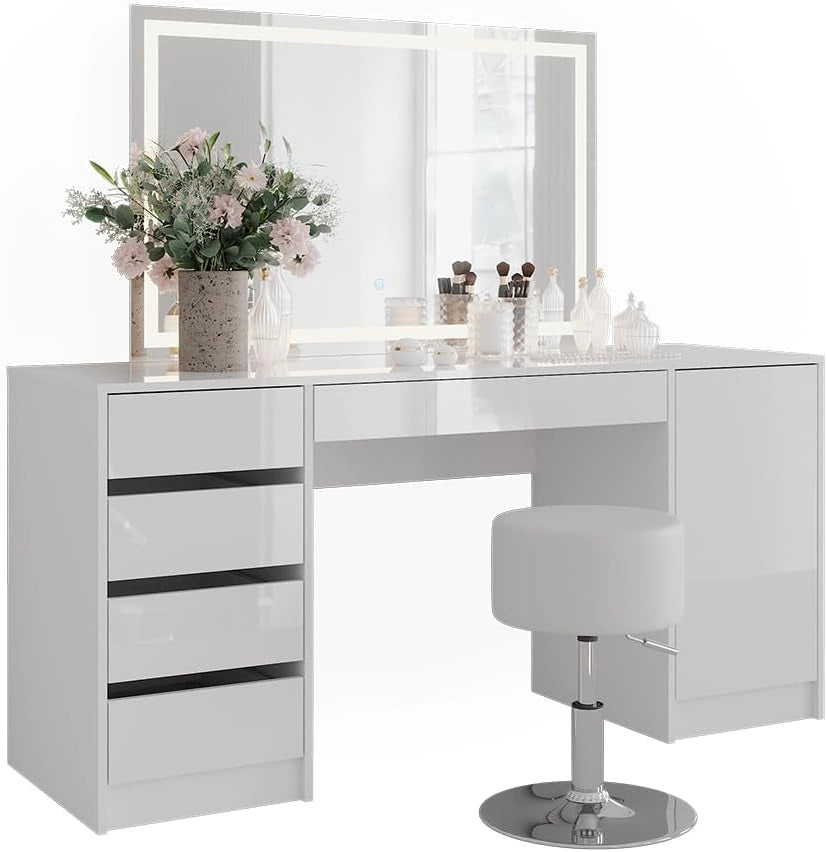 Tavolo da toeletta Sherry, Bianco/bianco lucido, 158.2 cm con specchio LED e sgabello, adatto per la conservazione e l'uso quotidiano in camera da letto