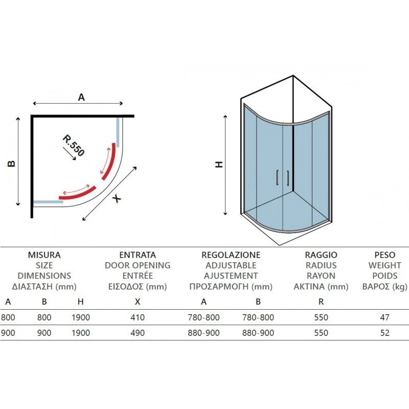 Pareti doccia 1/4 cerchio EFE 200 DORATO 80x80 H. 190 cm