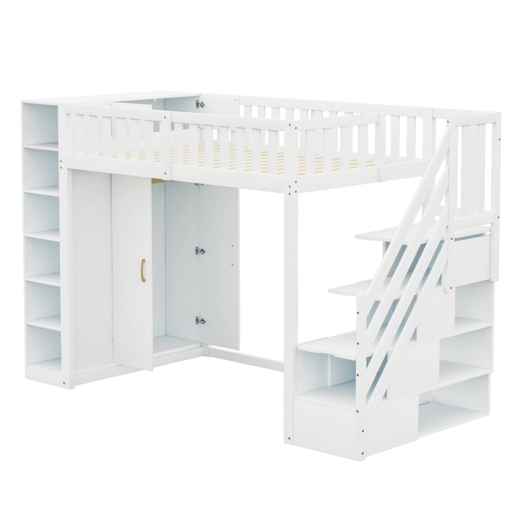 Letto a soppalco ULEVR 90x200 cm con armadio, scala con cassetti e ripiani, bianco