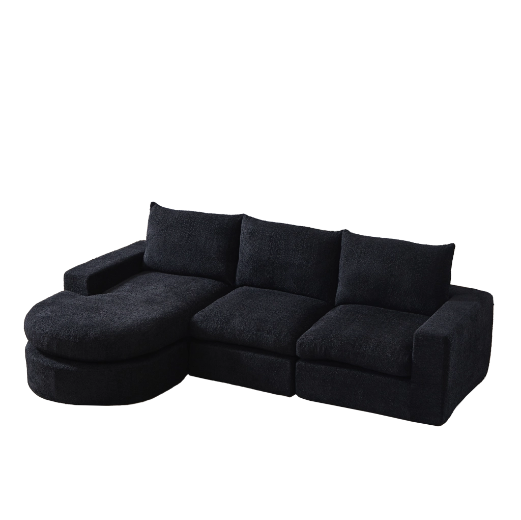 Divano modulare ULEVR 250x160 cm con chaise longue reversibile, 4 moduli e 3 cuscini in ciniglia nera