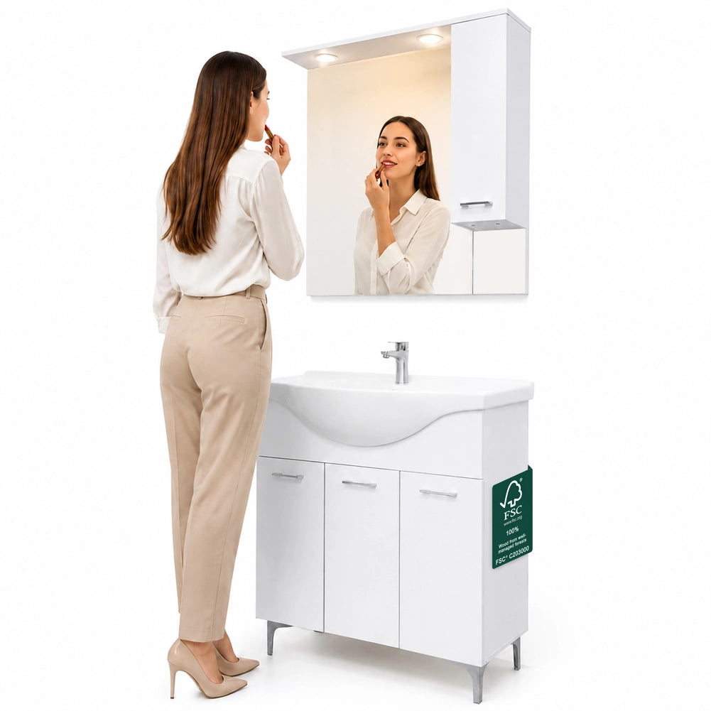 Set Completo Mobile da Bagno da Terra 85 cm Tre Ante Bianco Specchio e Accessori