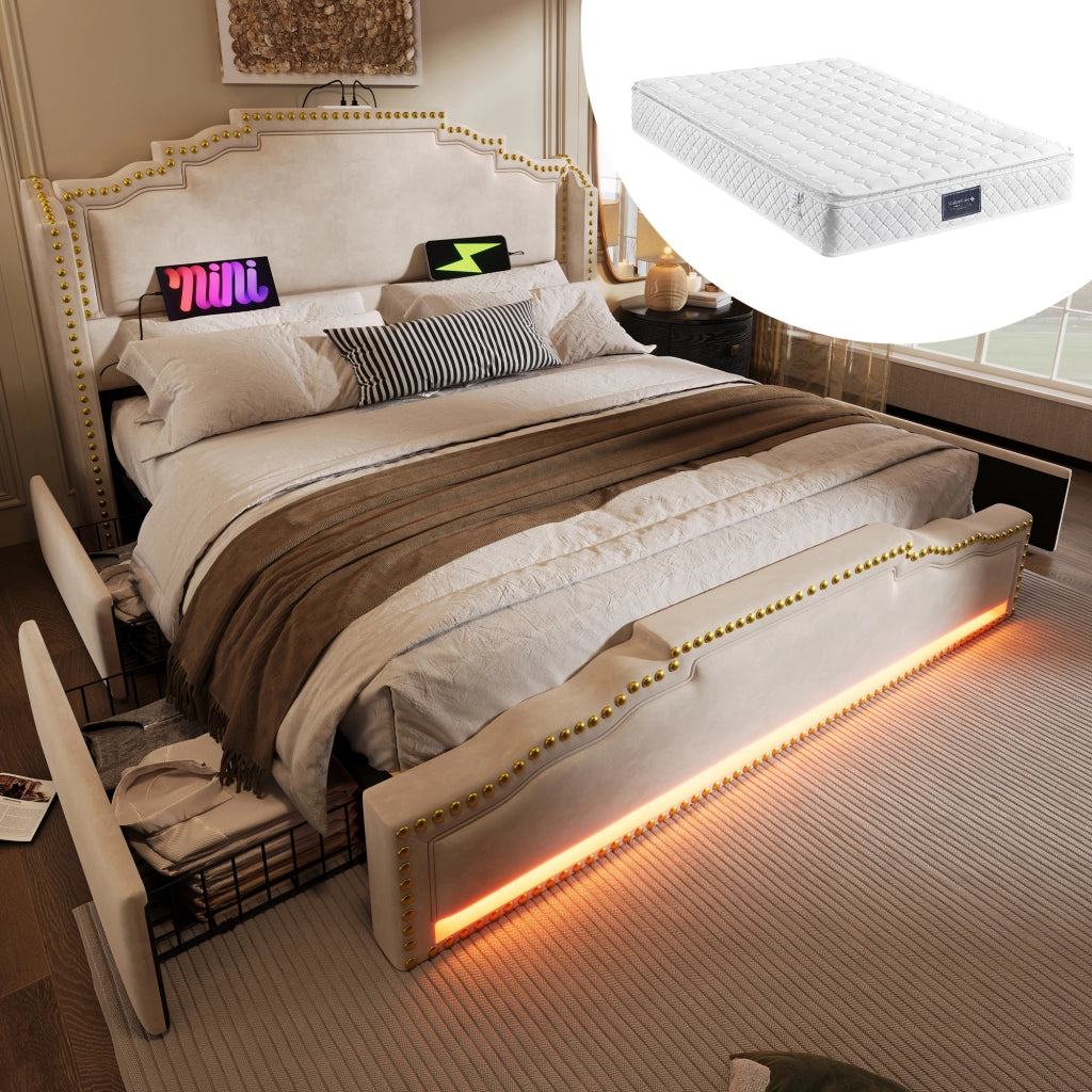 LETTO matrimoniale 140x200 cm in velluto beige con 4 cassetti, LED e materasso incluso