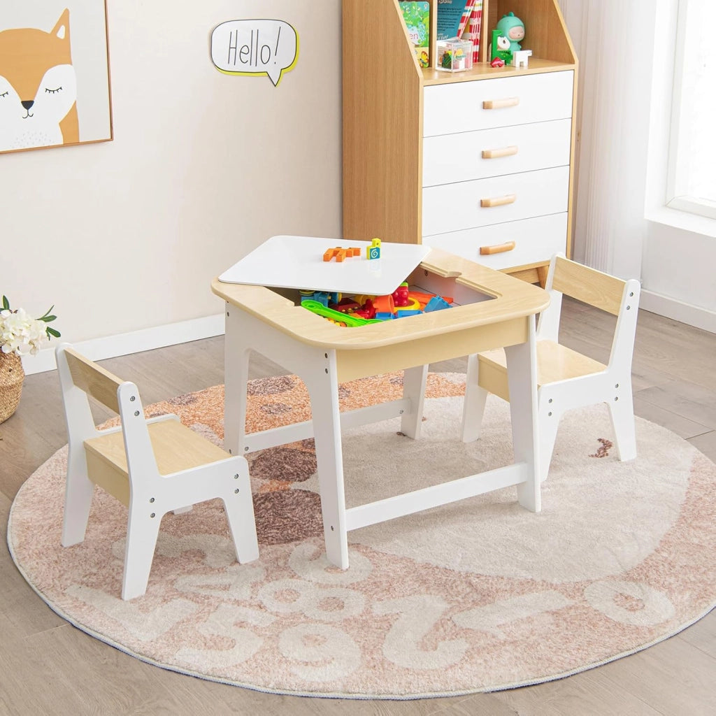 Set Tavolo e 2 Sedie per Bambini, con Lavagna Reversibile, Tavolo Multiattività con Vano Portaoggetti Nascosto e Sedie, per Bambini da 3-6 Anni, per Cameretta e Soggiorno (Naturale)