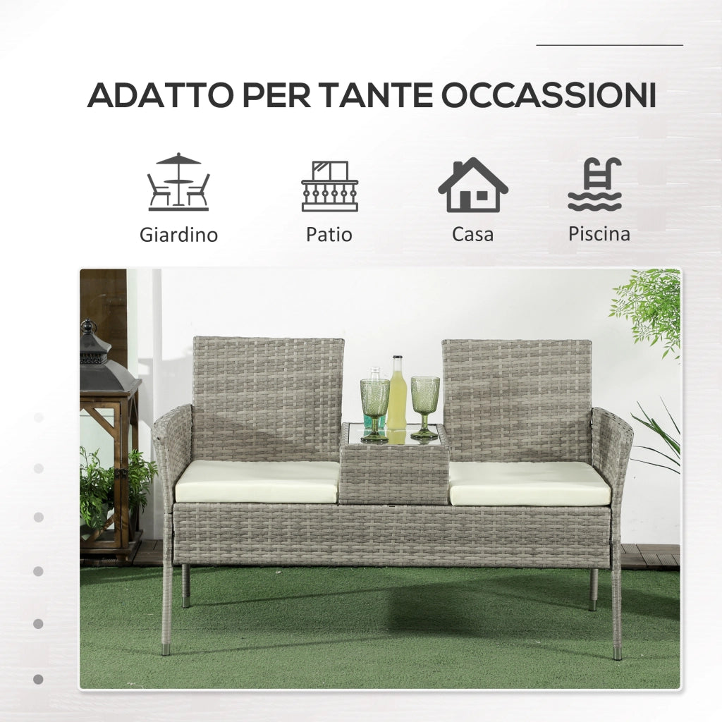 Divanetto per Esterni 2 Posti con Tavolino da Caff¨¨, in Acciaio e Rattan PE, 137x59x82 cm, Grigio e Crema