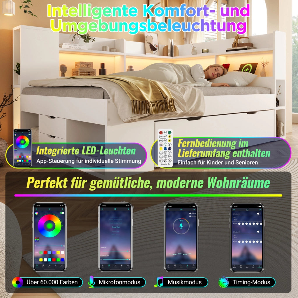 Letto singolo 90x200 con LED, USB-C, cassetti e mensole