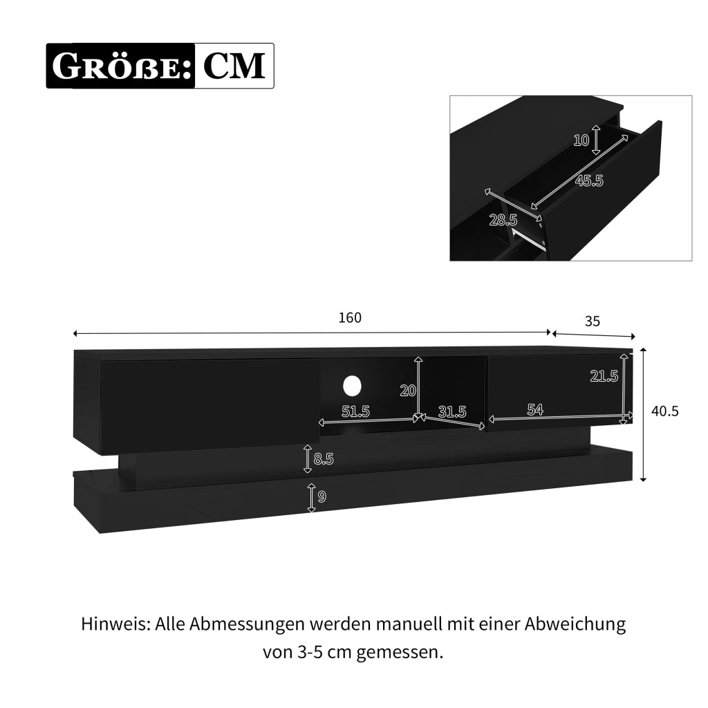 Mobile TV da Soggiorno Lucido con LED e 2 Cassetti ¨C MINIMAL ¨C Nero, 160x35x40,5 cm