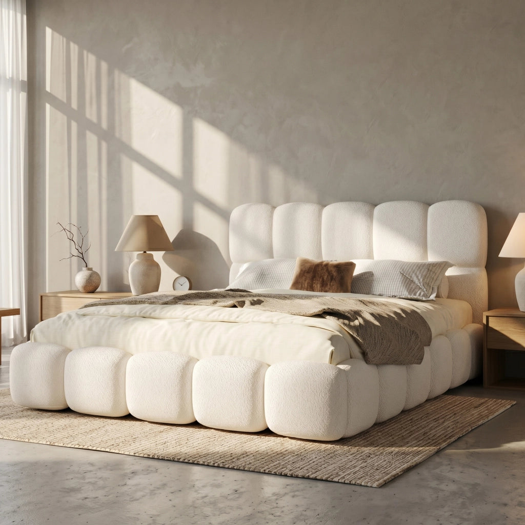Letto imbottito 180 × 200 cm con contenitore idraulico e rete a doghe inclusa in bouclé bianco