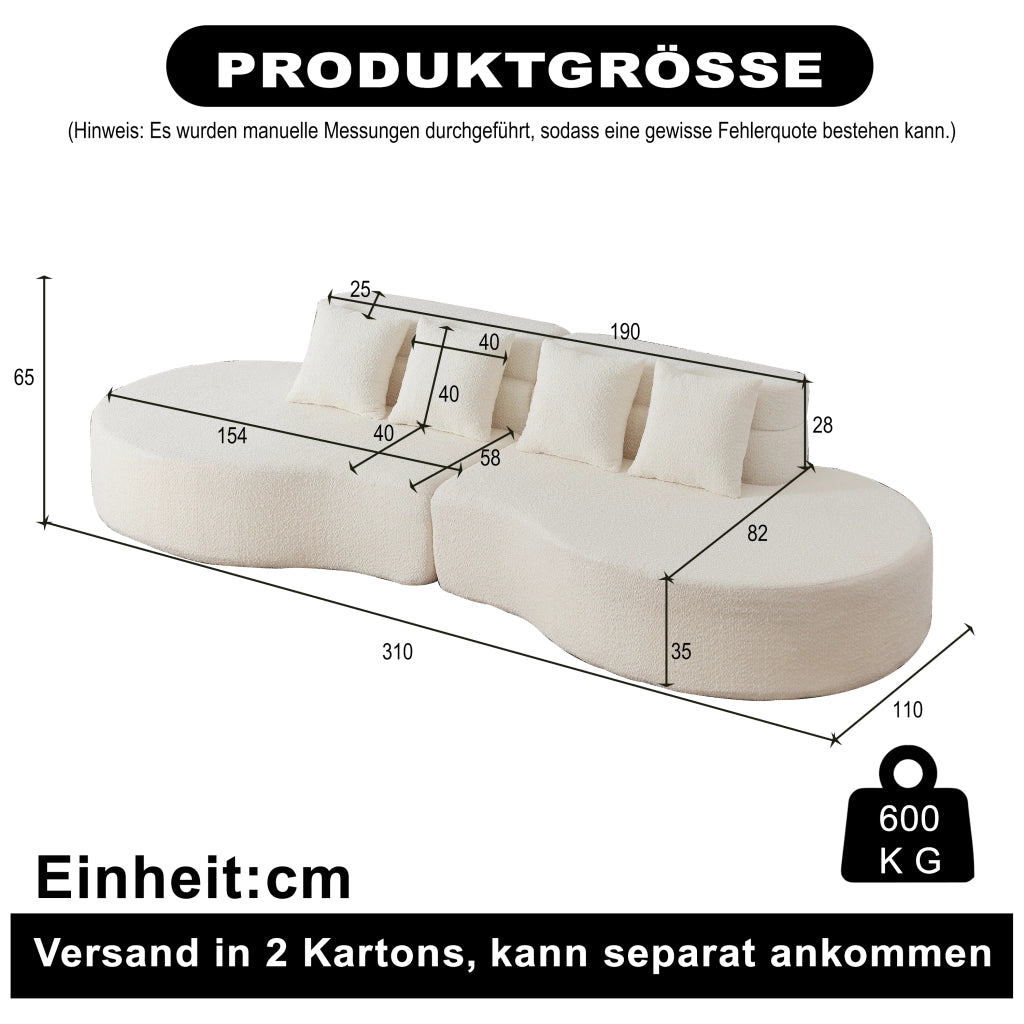 Divano modulare a 2 pezzi in chenille beige con schienale a strati e design curvo senza telaio