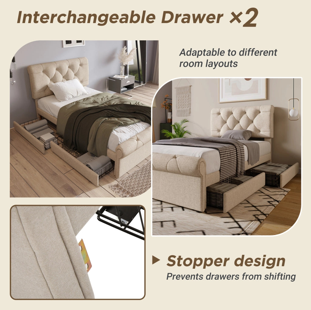 Letto singolo imbottito 90x200 cm con 2 cassetti; testiera regolabile e materasso; naturale
