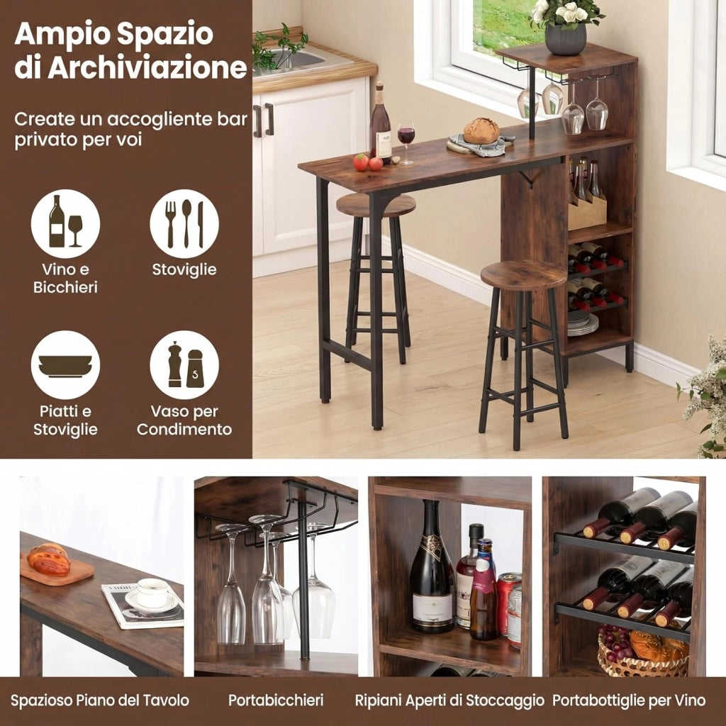 Set 3 Pezzi Tavolo e Sedie da Bar, Tavolo e Sgabelli da Pub Industriale con Porta Calici e 6 Portabottiglie da Vino, Set di Tavolo per Sala da Pranzo, Ristorante e Bar (Caffè)