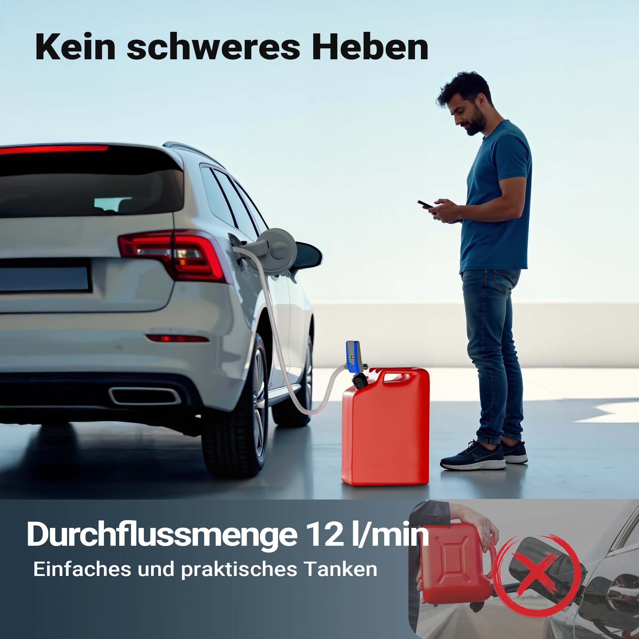 Pompa travaso benzina, olio, gasolio, liquidi, acqua, 12 l/min, pompa autoadescante funzionamento con cavo 12 V o a batteria, display LED