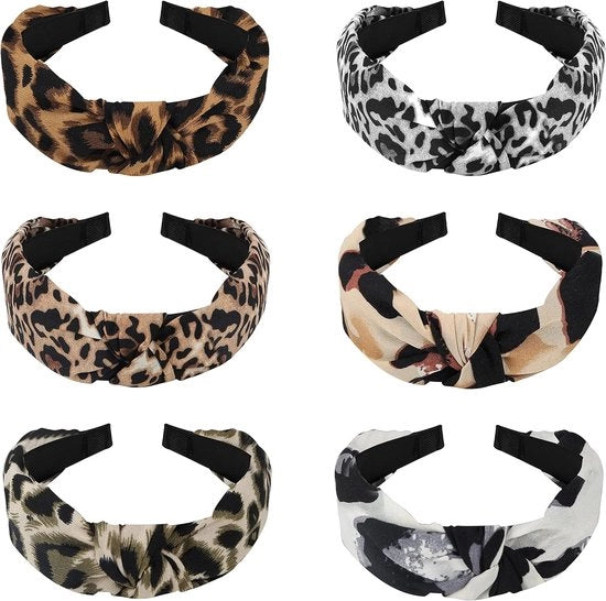 Accessori capelli per donne e ragazze - 6 pezzi - Tulband con nodo a croce largo - Elastici boho - Capelli accessori con print leopardo