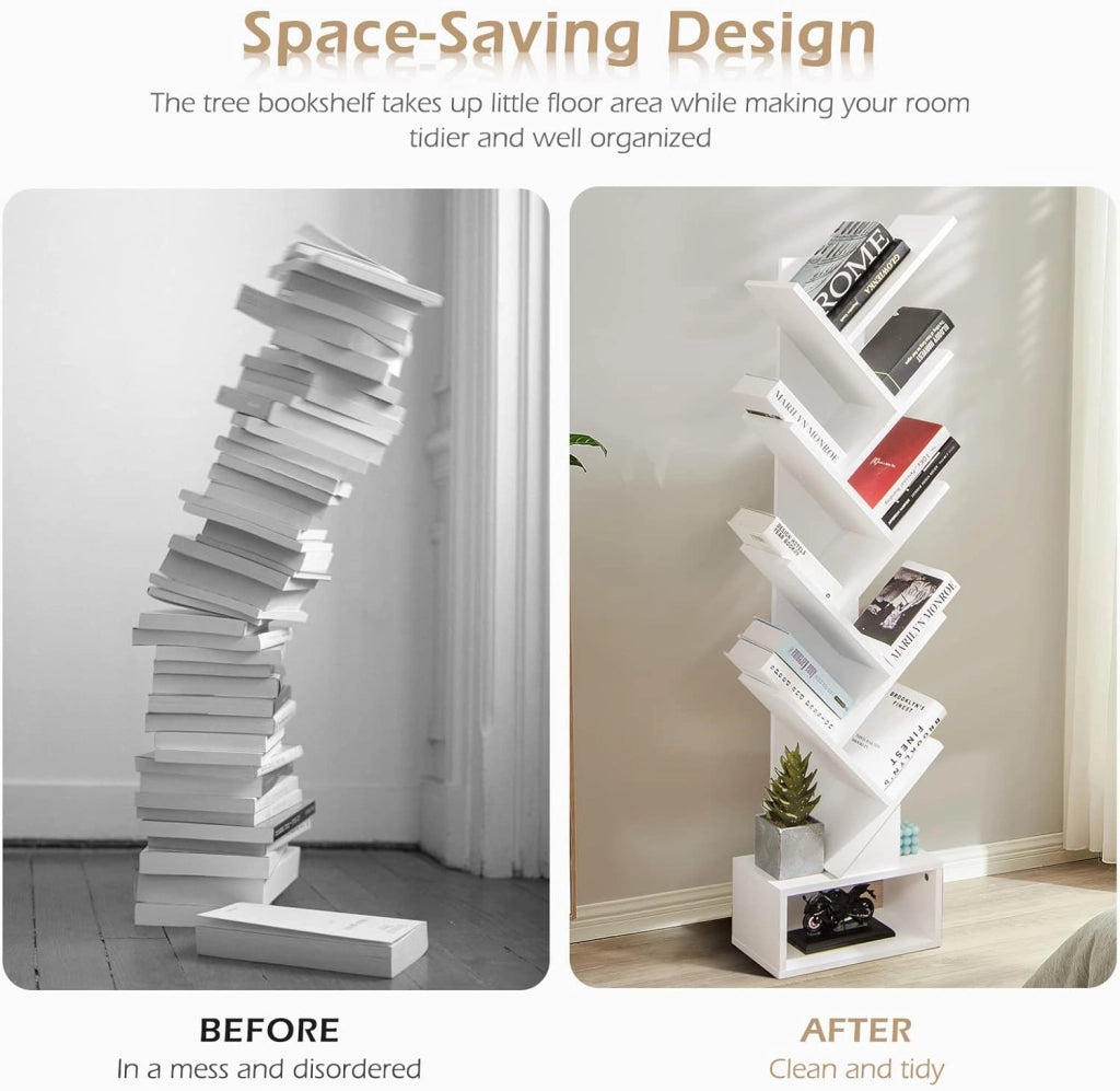 Libreria ad Albero, a 8 Ripiani, Scaffale per Libri con Cassetto Rimovibile, Design di Antiribaltamento, Organizzazione per CD, Riviste, Libri, 38x20x149,5 cm, 4 Colori (Marrone)