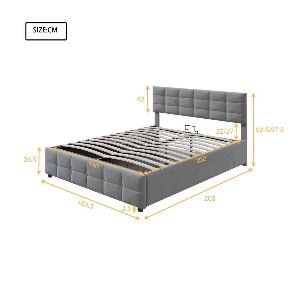 Letto imbottito 180x200 cm con rete a doghe e sollevamento idraulico, velluto olandese grigio