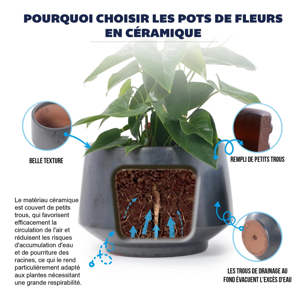 Fioriera in ceramica fatta a mano finitura opaca nera con fori di drenaggio per interni e balcone Ø 22 cm