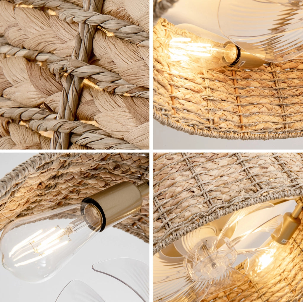Ventilatore da soffitto con luce in rattan intrecciato; controllo App e telecomando; rame
