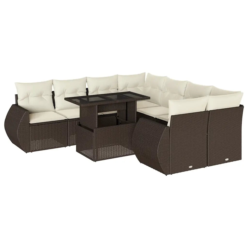 Set Divani da Giardino 9pz con Cuscini Marrone in Polyrattan