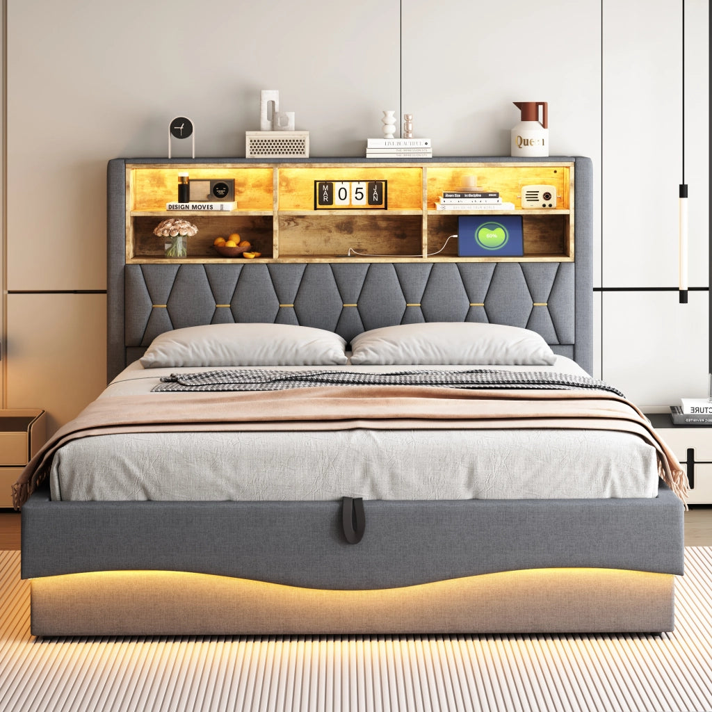 Letto Contenitore 180x200 cm; LED; USB e Stivaggio Idraulico; in Metallo e Lino; Grigio