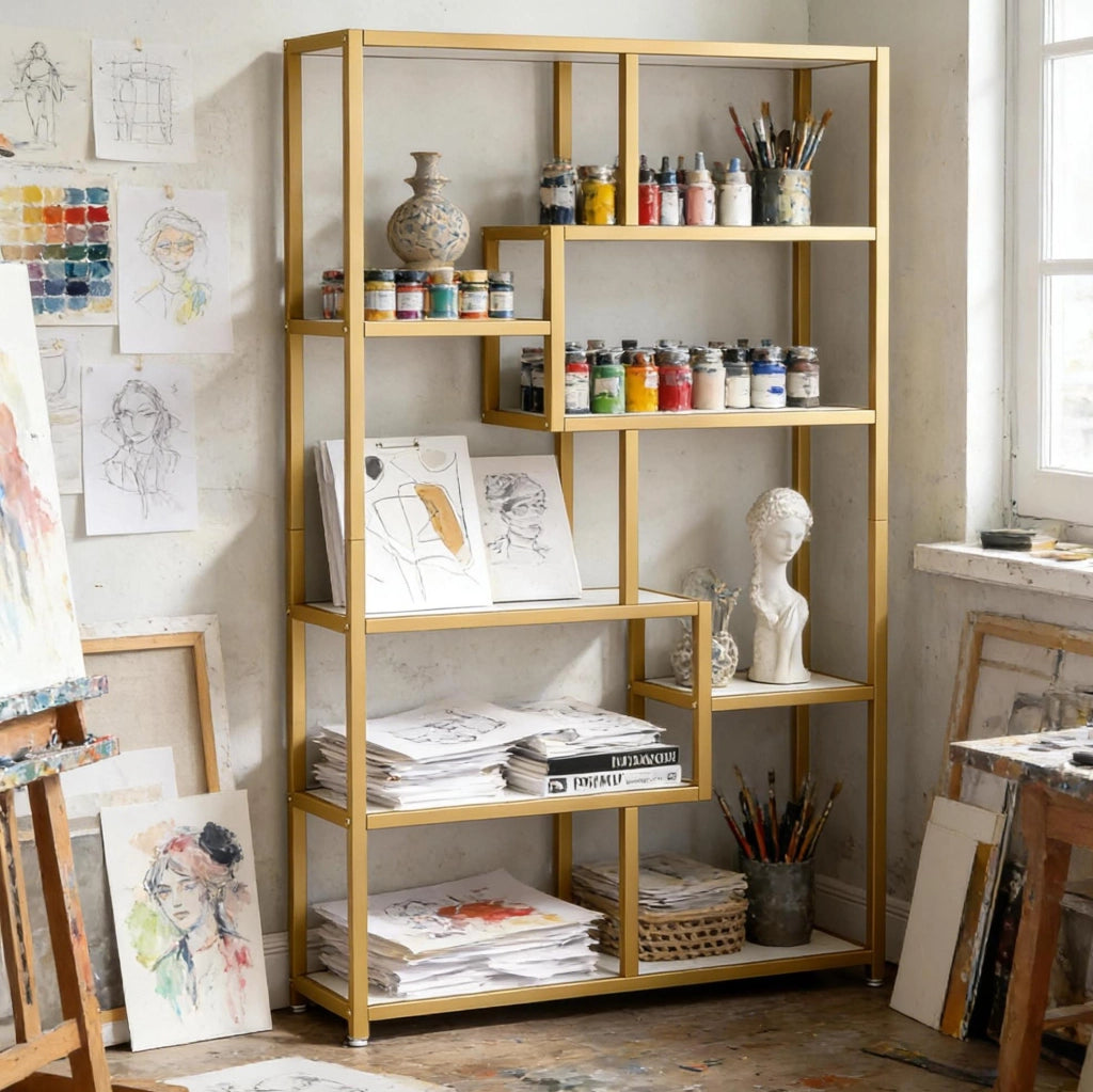 Libreria a 8 ripiani in metallo dorato e bianco 180x100x20 cm