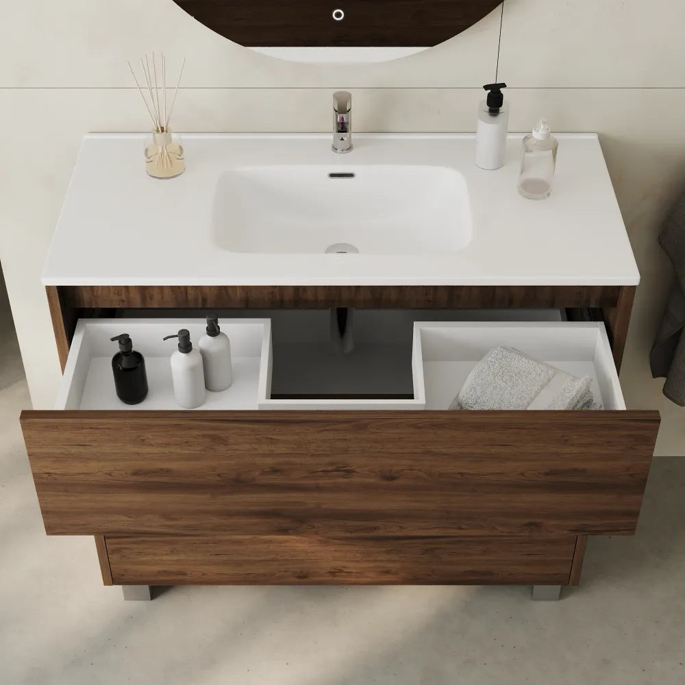 Mobile bagno a terra 100cm  tre cassetti push&pull rovere barok con lavabo bianco lucido | Yaku
