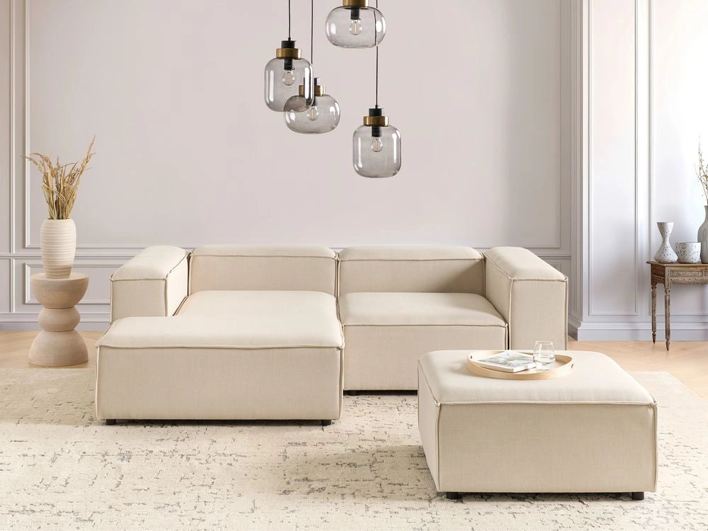 Divano modulare moderno angolare a 3 posti lato destro con ottomana in poliestere Beige Gambe nere Soggiorno moderno