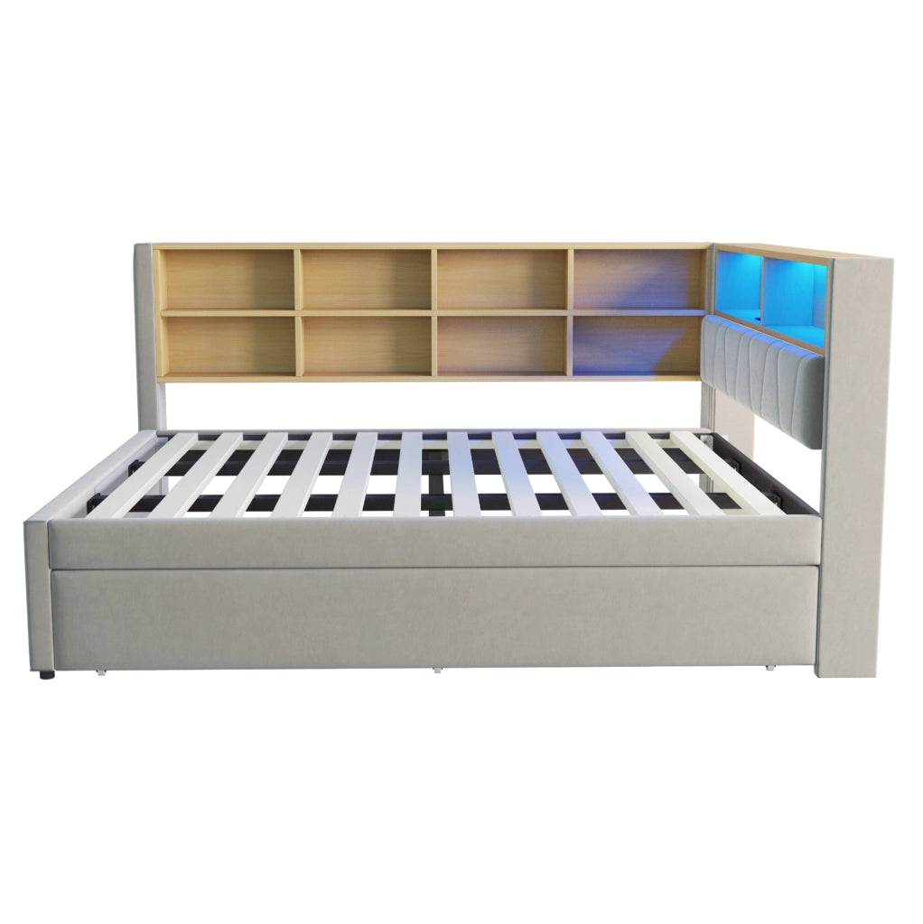 Divano letto 140x200 cm con letto estraibile; LED e vani portaoggetti in flanella grigio chiaro
