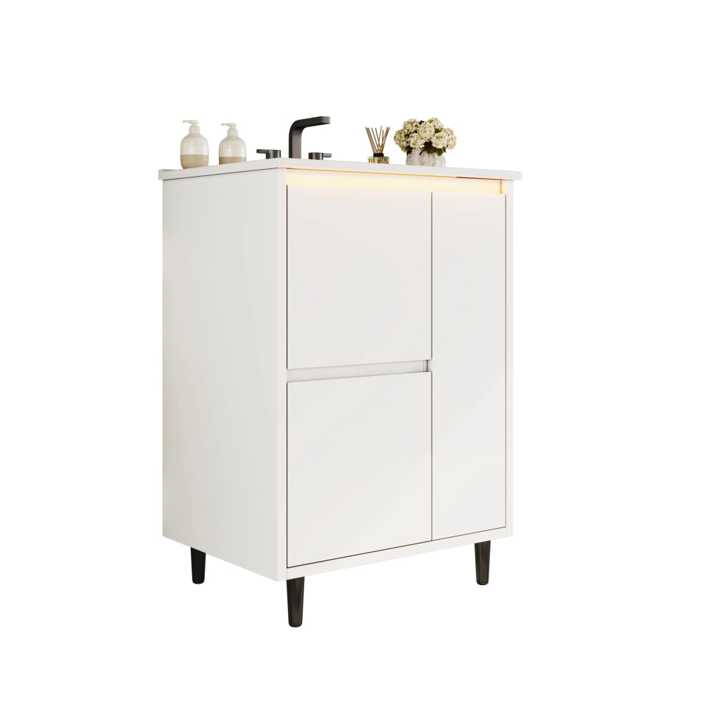 Mobile lavabo freestanding 61 x 46,5 x 87 cm con doppio cassetto, lavabo in ceramica integrato e finitura laccata bianca