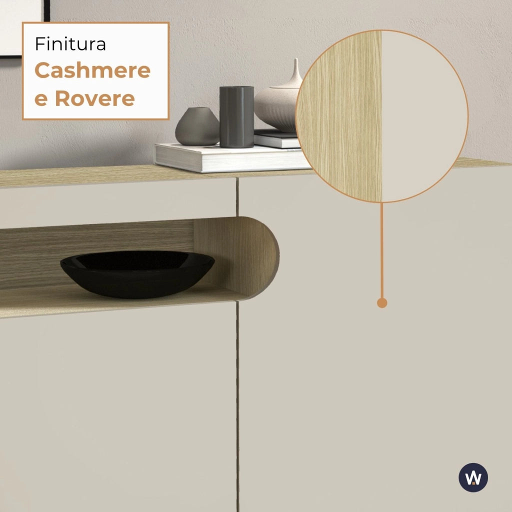 WHOUS Credenza Real con 4 ante e 1 vano aperto cashmere e rovere chiaro 200x40x80 cm