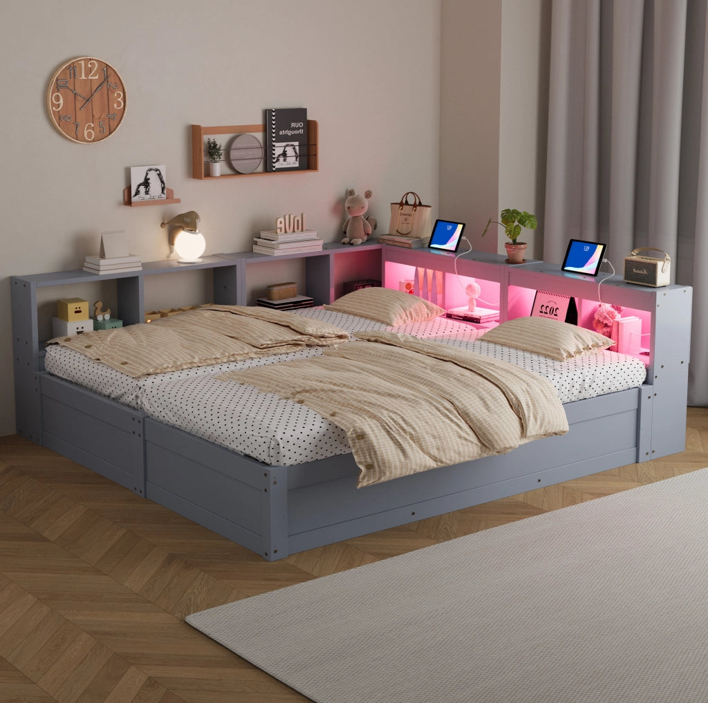 Letto multifunzione 90/180 x 200 cm grigio con LED e prese