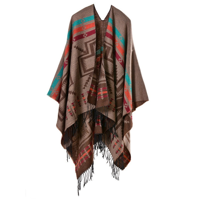 Sciarpa/stola lunga e spessa in cashmere con motivo a nappe incrociate, popolare in Europa e America.